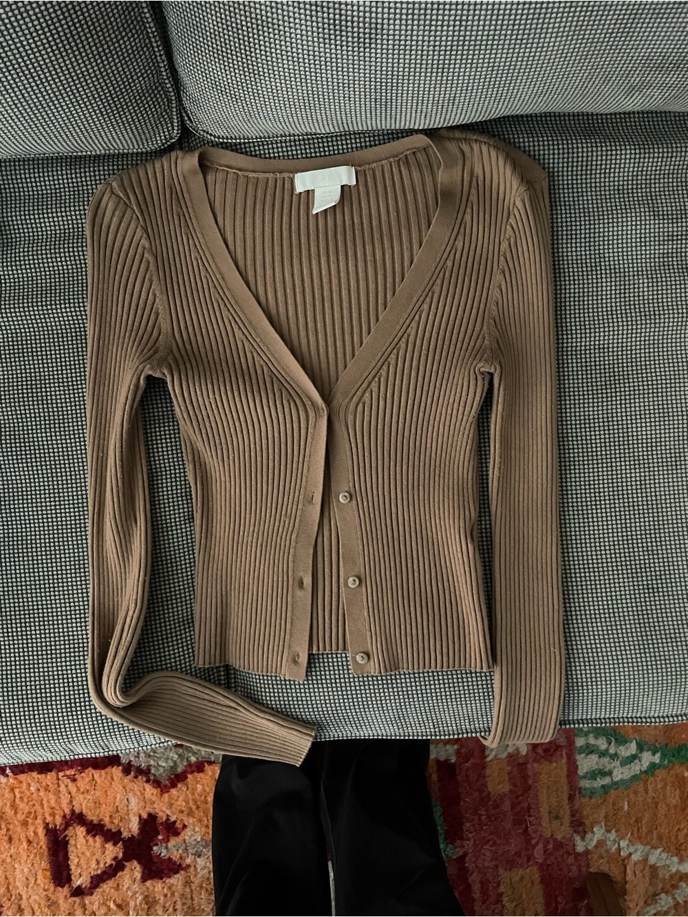H&M Ribbed V-Neck Button Cardigan - Brown